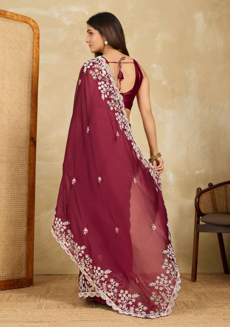 Wine Embroidery Black Rangoli Silk Blend Saree Set for Diwali and Festive Wear - Indya