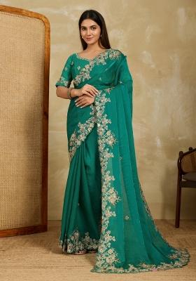 Teal Green Embroidery  Chiffon Saree Set