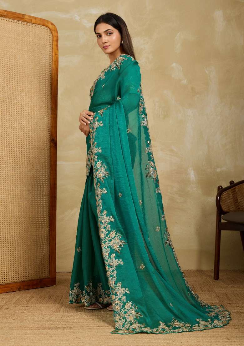 Teal Green Embroidery Chiffon Saree Set for Diwali and Festive Wear - Indya