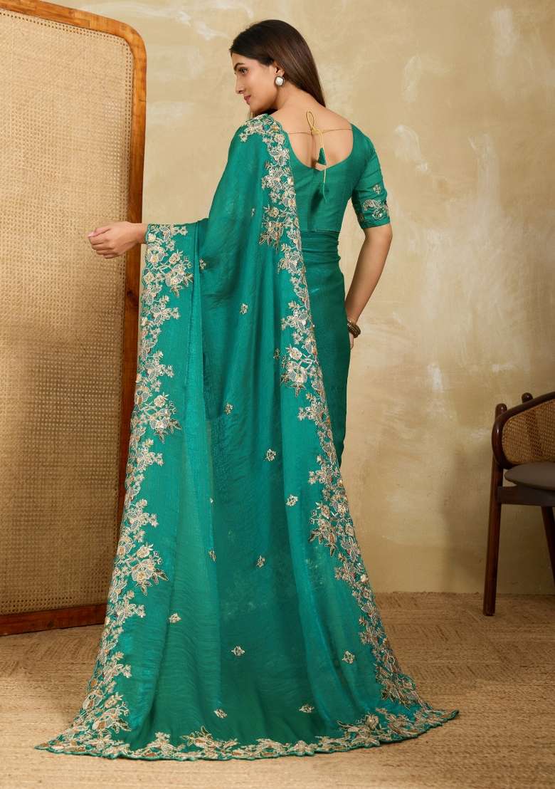 Teal Green Embroidery Chiffon Saree Set for Diwali and Festive Wear - Indya