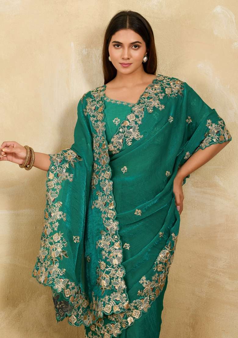 Teal Green Embroidery Chiffon Saree Set for Diwali and Festive Wear - Indya