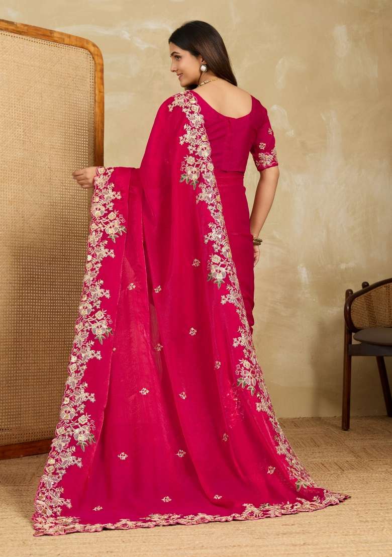Pink Chiffon Saree Set with Embroidery for Diwali | Wedding & Festive Wear - Indya
