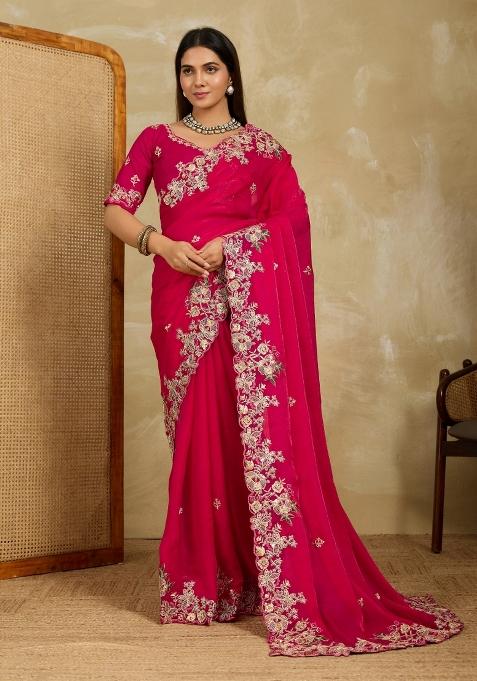 Pink Embroidery  Chiffon Saree Set