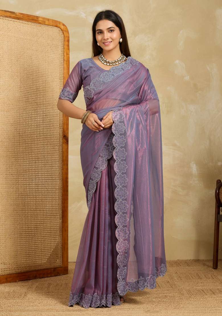 Lavender Embroidery Chiffon Saree Set for Diwali and Festive Wear - Indya