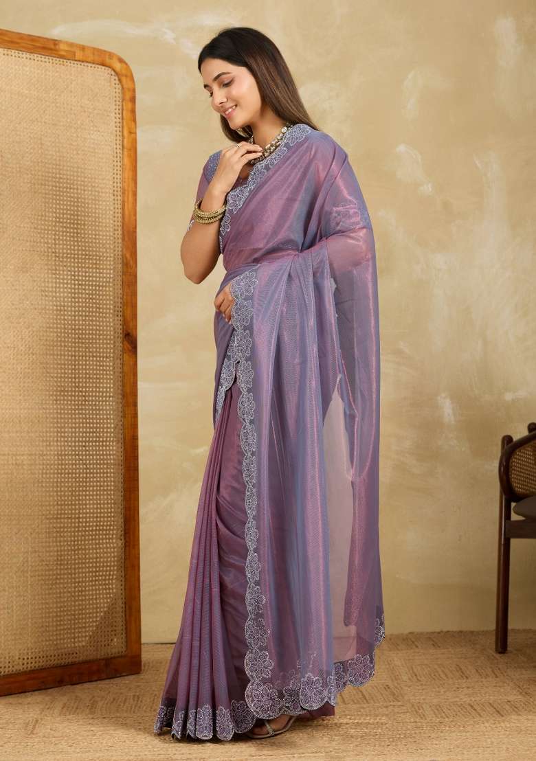Lavender Embroidery Chiffon Saree Set for Diwali and Festive Wear - Indya