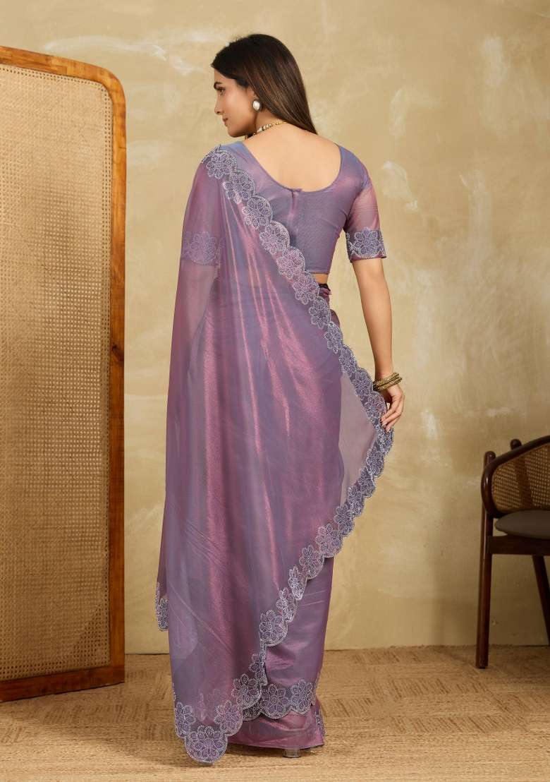 Lavender Embroidery Chiffon Saree Set for Diwali and Festive Wear - Indya