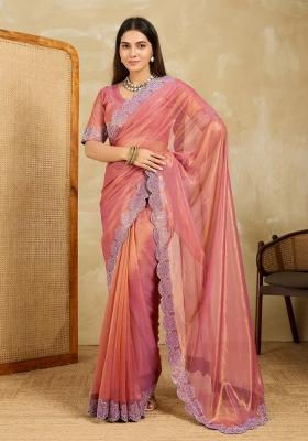 Peach Embroidery  Chiffon Saree Set
