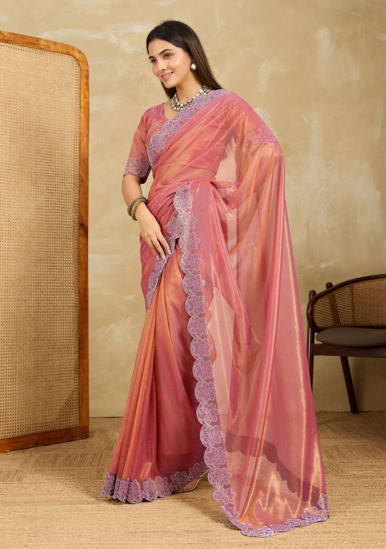 Peach Embroidery Chiffon Saree Set for Diwali and Festive Wear - Indya