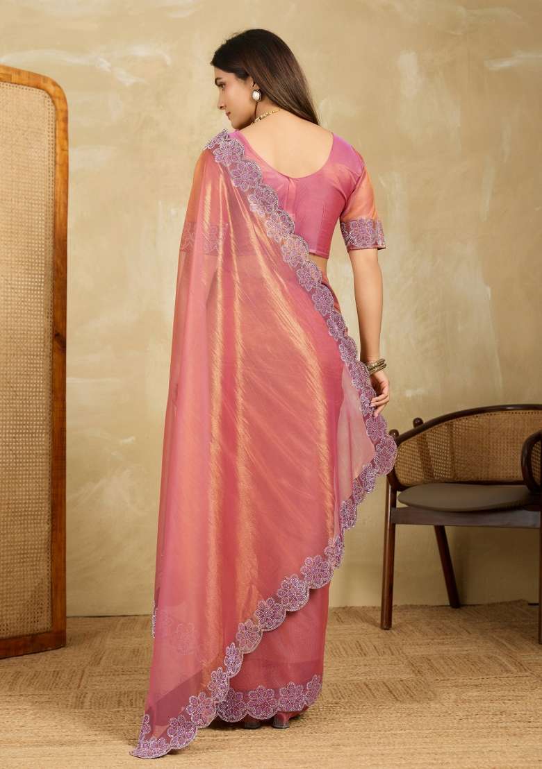 Peach Embroidery Chiffon Saree Set for Diwali and Festive Wear - Indya