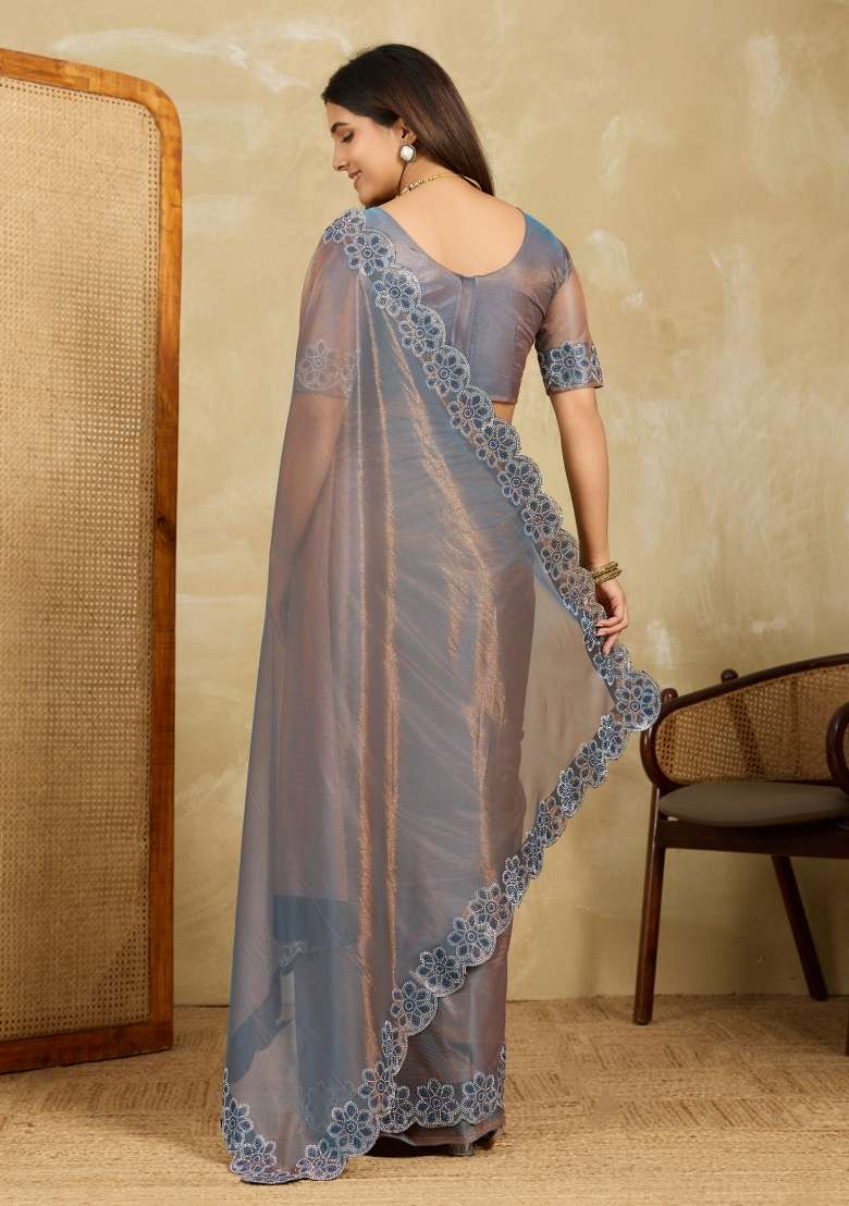Light Teal Chiffon Saree Set with Embroidery for Diwali | Wedding & Festive Wear - Indya