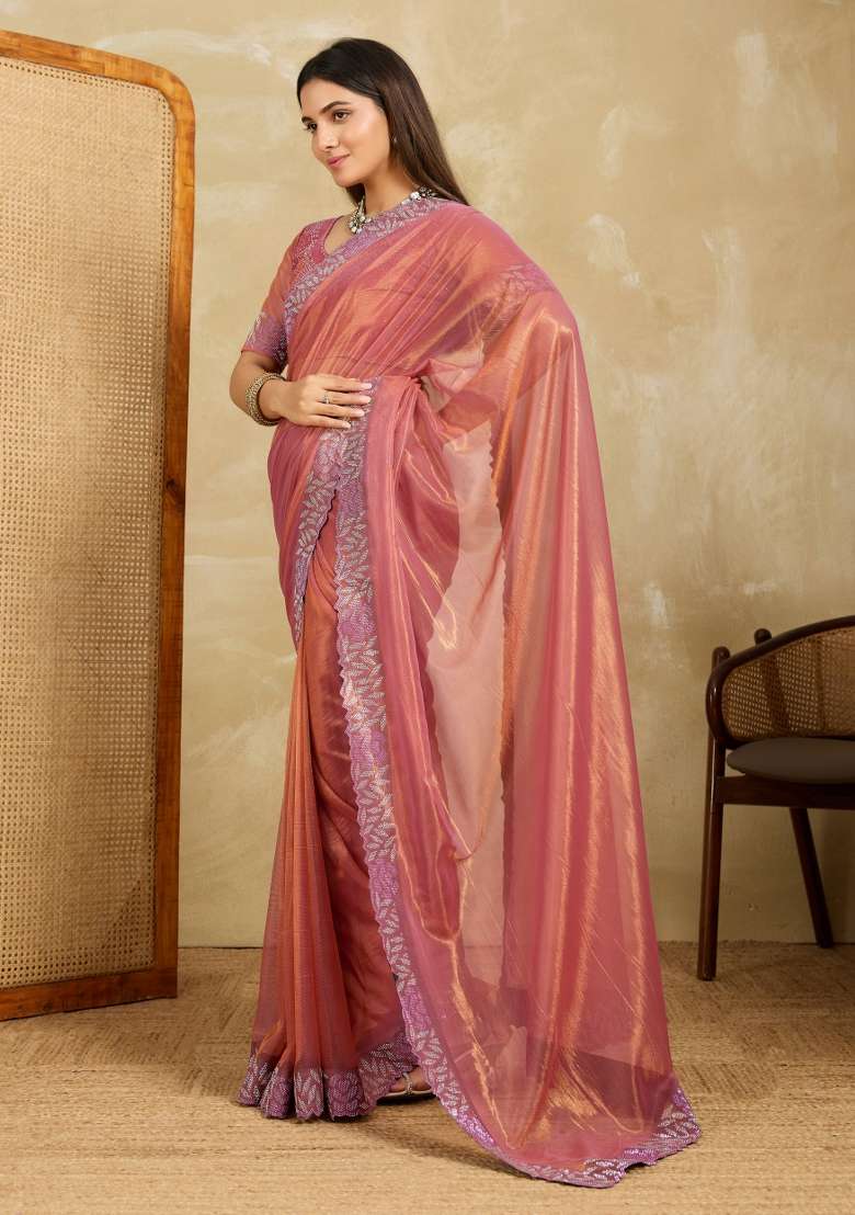 Peach Embroidery Net Saree Set for Diwali and Festive Wear - Indya