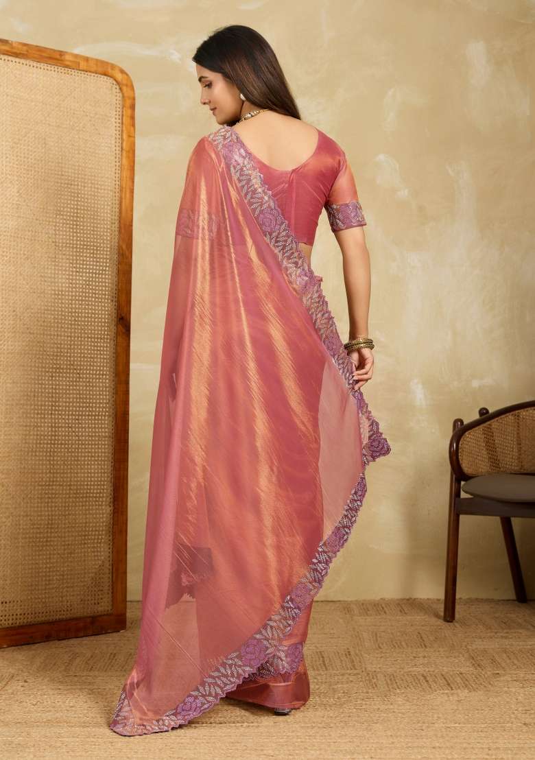 Peach Embroidery Net Saree Set for Diwali and Festive Wear - Indya