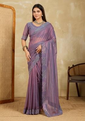 Lavender Embroidery  Net Saree Set