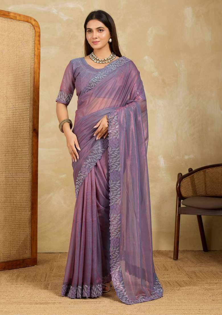 Lavender Embroidery Net Saree Set for Diwali and Festive Wear - Indya