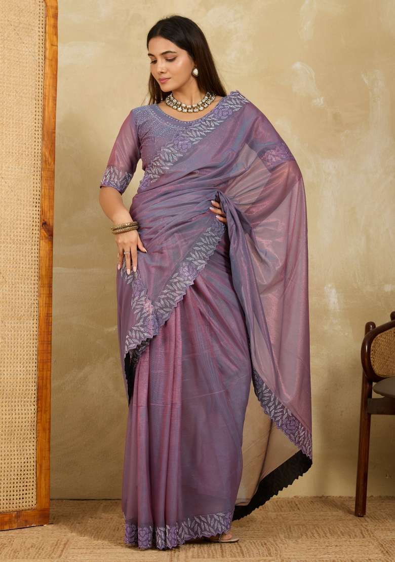 Lavender Embroidery Net Saree Set for Diwali and Festive Wear - Indya