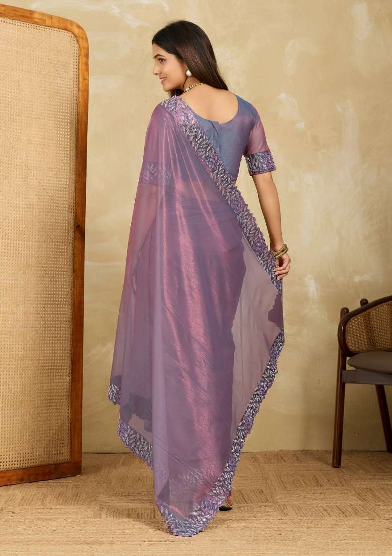 Lavender Embroidery Net Saree Set for Diwali and Festive Wear - Indya