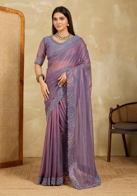 Lavender Embroidery  Net Saree Set