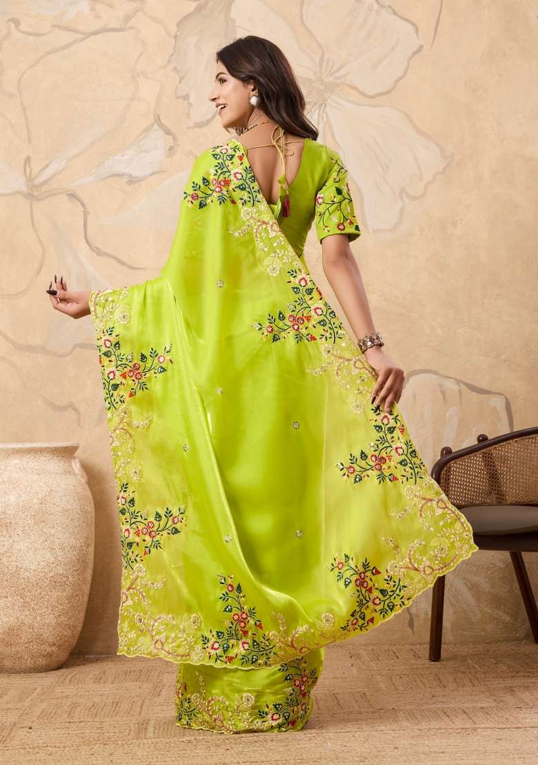 Neon Green Jimmy Choo Saree Set with Embroidery for Diwali | Wedding & Festive Wear - Indya
