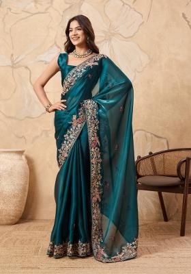 Teal Blue Embroidery Jimmy Choo Saree Set