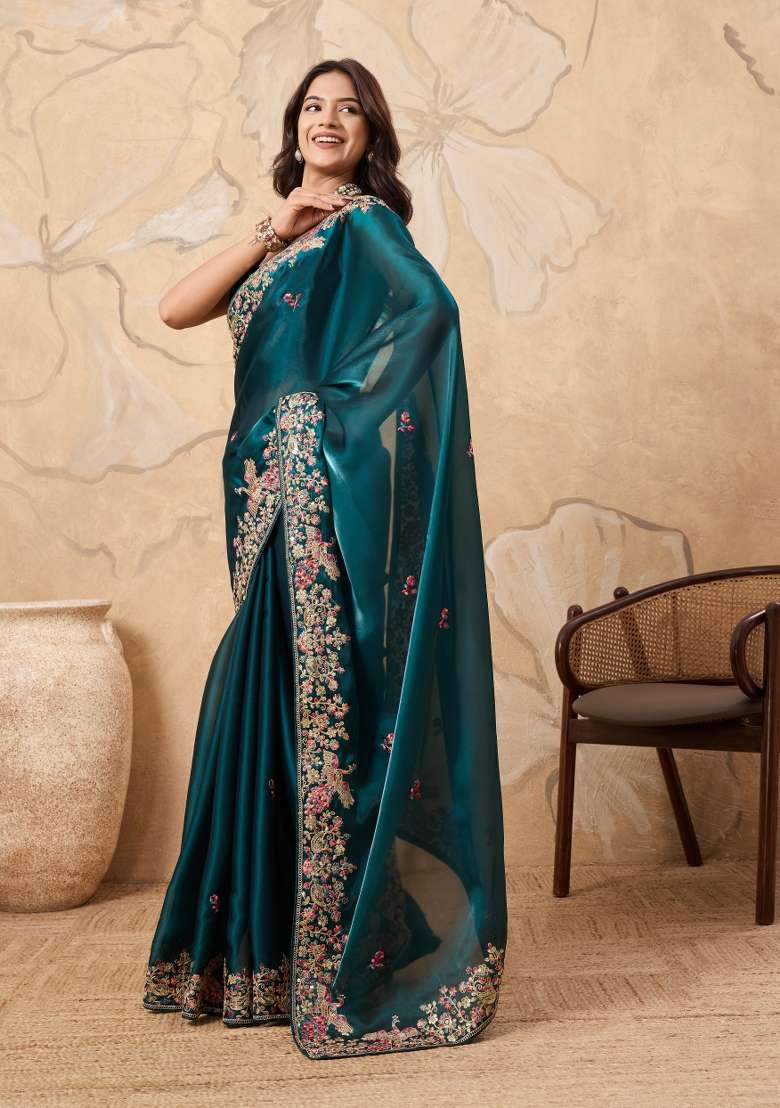 Teal Blue Jimmy Choo Saree Set with Embroidery for Diwali | Wedding & Festive Wear - Indya