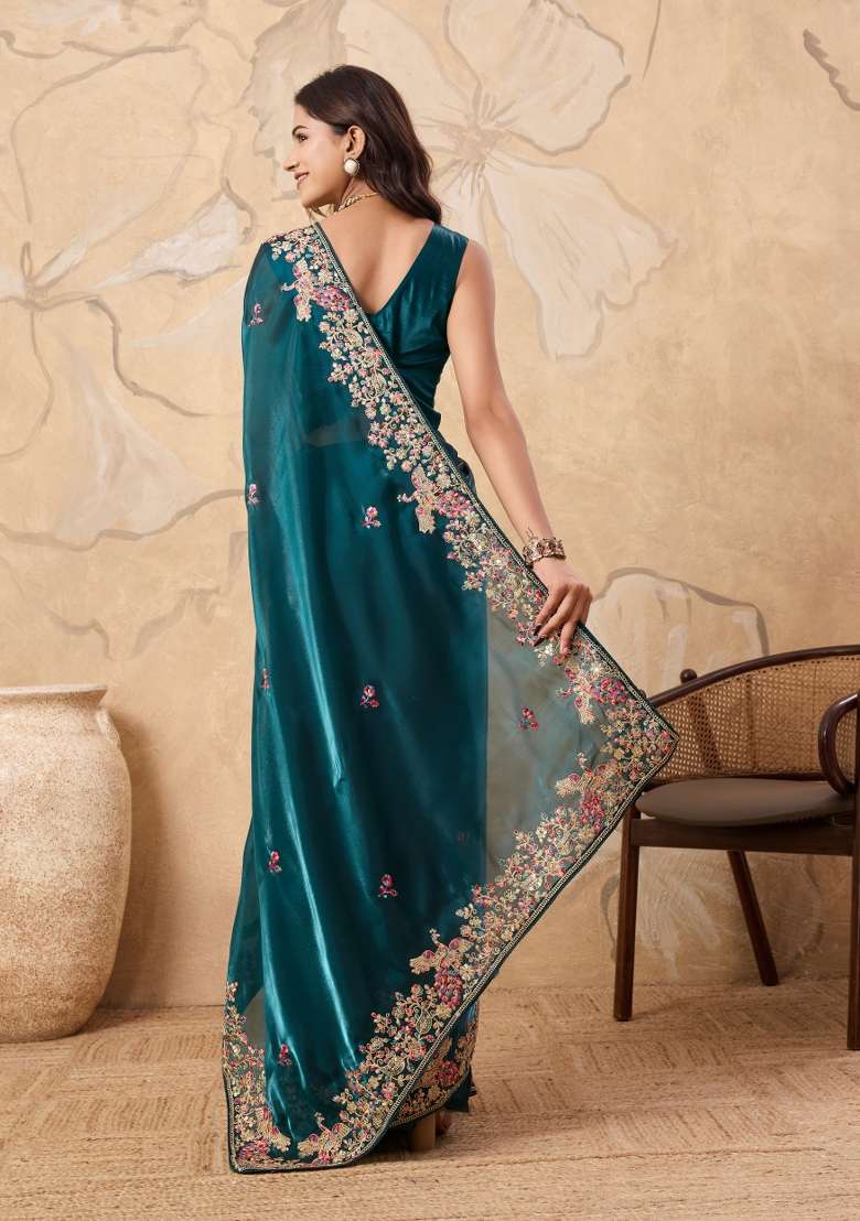 Teal Blue Jimmy Choo Saree Set with Embroidery for Diwali | Wedding & Festive Wear - Indya