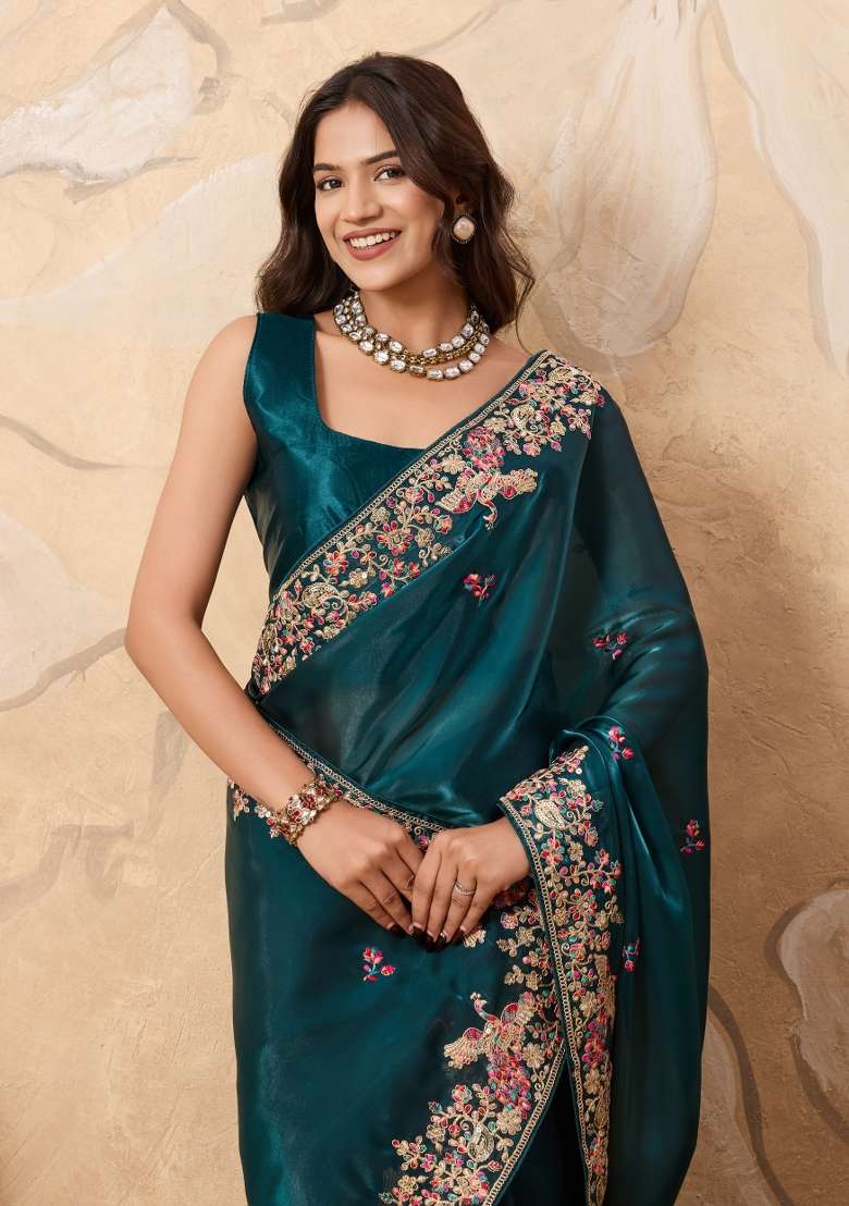 Teal Blue Jimmy Choo Saree Set with Embroidery for Diwali | Wedding & Festive Wear - Indya