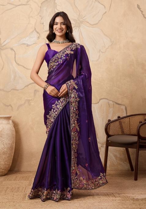 Purple Embroidery Jimmy Choo Saree Set