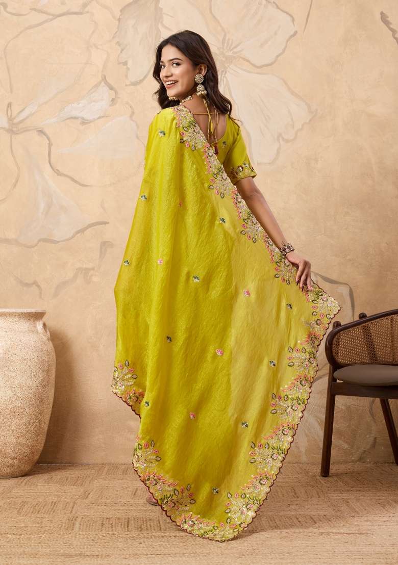 Yellow Embroidery Chiffon Saree Set for Diwali and Festive Wear - Indya