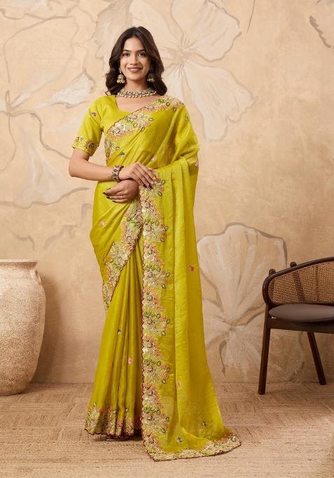 Yellow Embroidery  Chiffon Saree Set