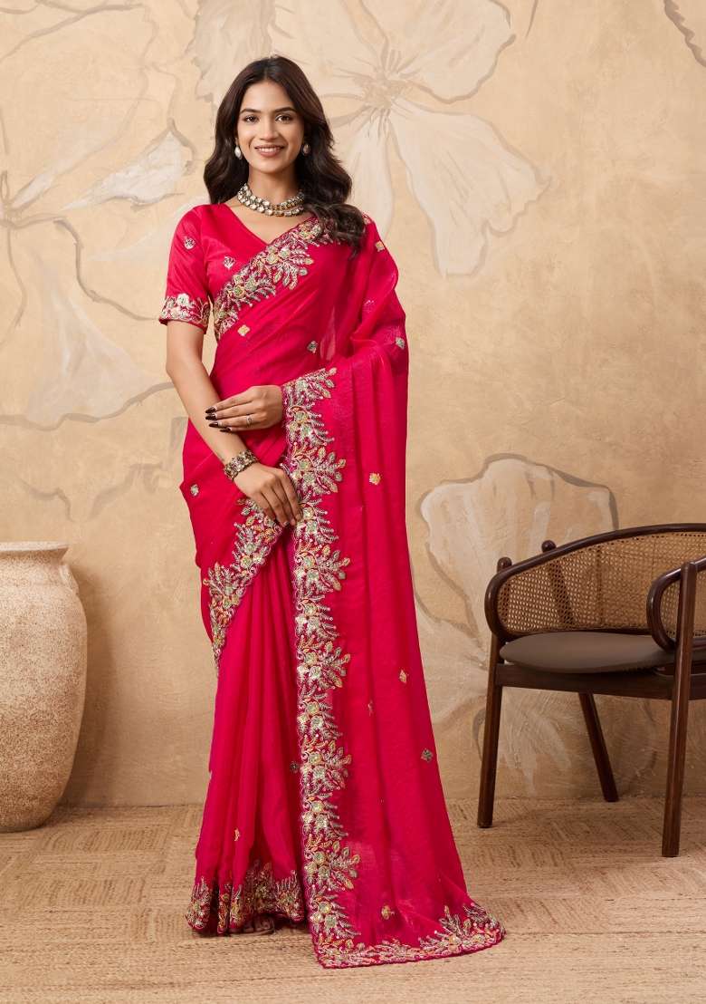Pink Chiffon Saree Set with Embroidery for Diwali | Wedding & Festive Wear - Indya