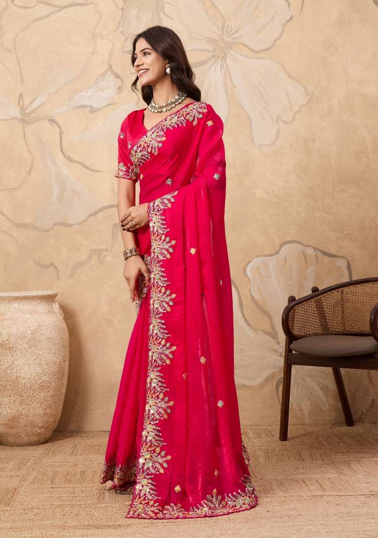 Pink Chiffon Saree Set with Embroidery for Diwali | Wedding & Festive Wear - Indya