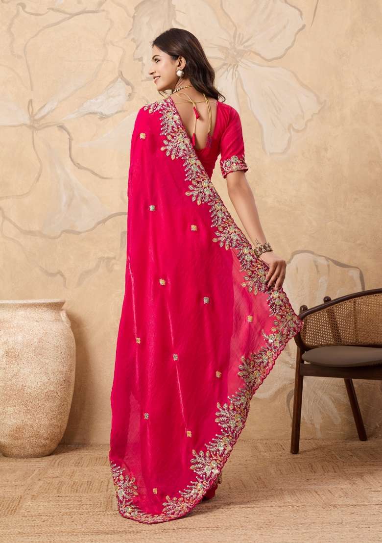 Pink Chiffon Saree Set with Embroidery for Diwali | Wedding & Festive Wear - Indya