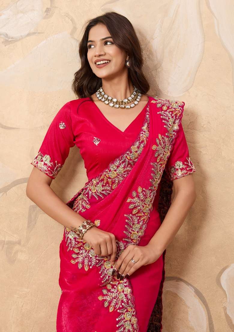 Pink Chiffon Saree Set with Embroidery for Diwali | Wedding & Festive Wear - Indya
