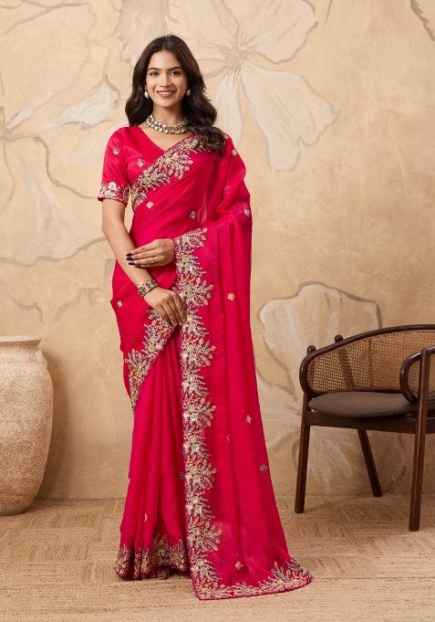 Pink Embroidery  Chiffon Saree Set