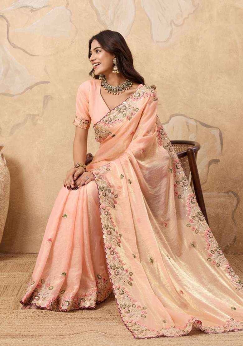 Peach Embroidery Chiffon Saree Set for Diwali and Festive Wear - Indya
