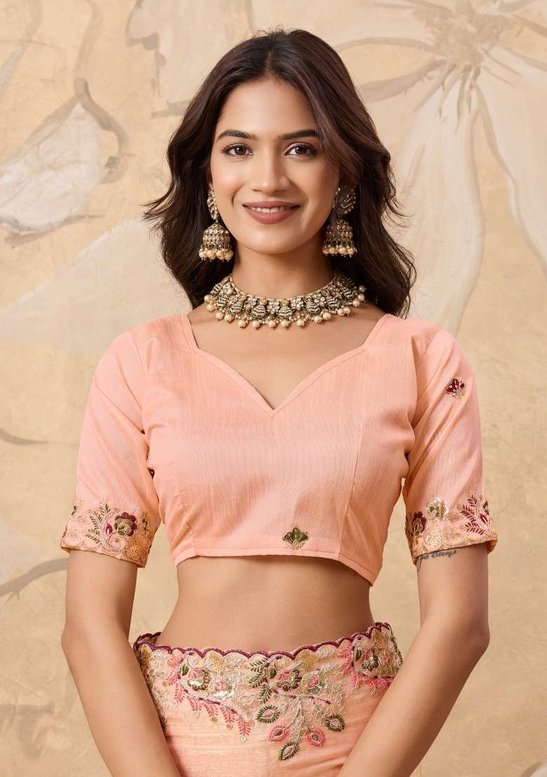 Peach Embroidery Chiffon Saree Set for Diwali and Festive Wear - Indya