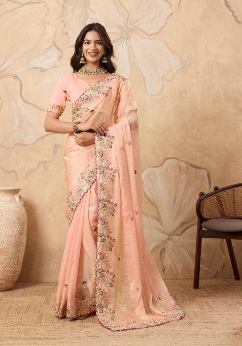 Peach Embroidery  Chiffon Saree Set
