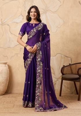 Purple Embroidery  Chiffon Saree Set