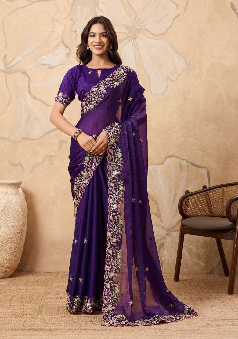 Purple Embroidery Chiffon Saree Set for Diwali and Festive Wear - Indya