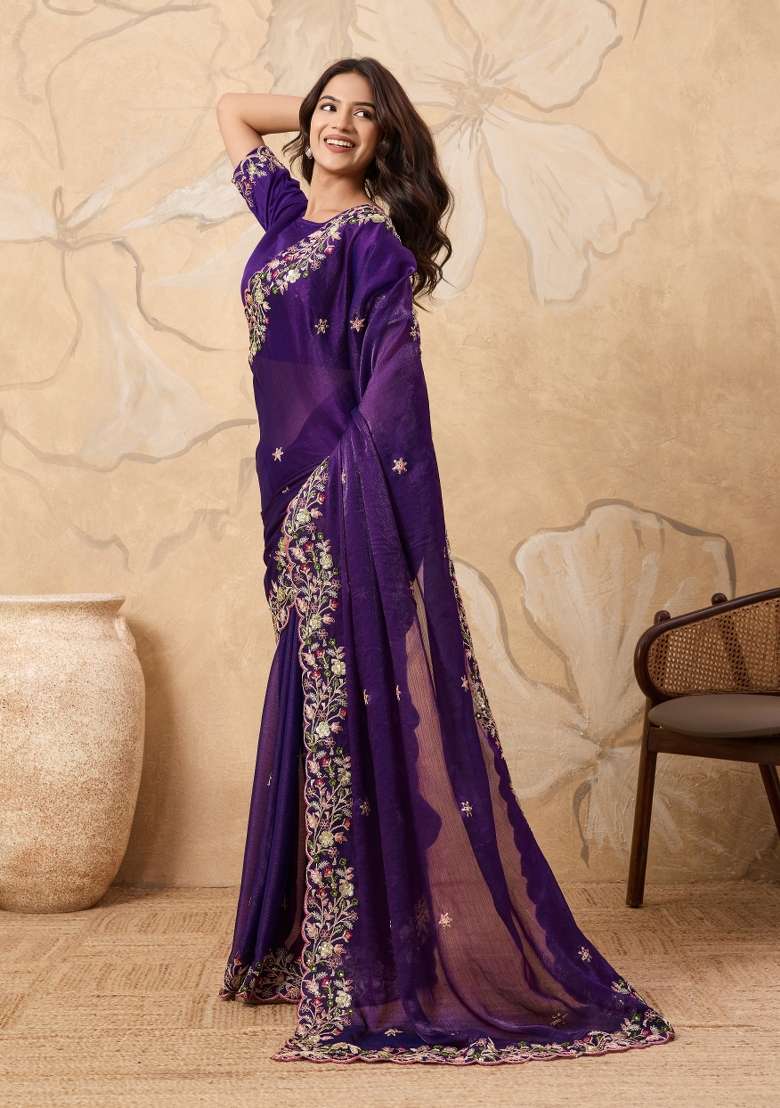 Purple Embroidery Chiffon Saree Set for Diwali and Festive Wear - Indya