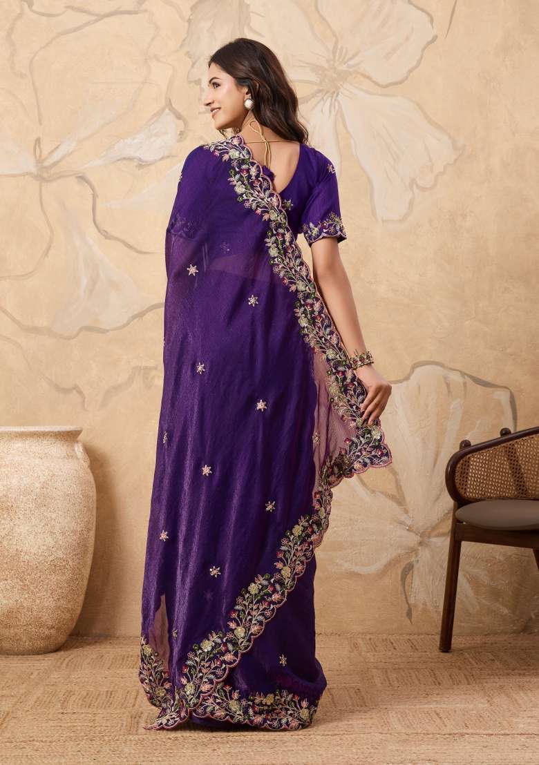 Purple Embroidery Chiffon Saree Set for Diwali and Festive Wear - Indya