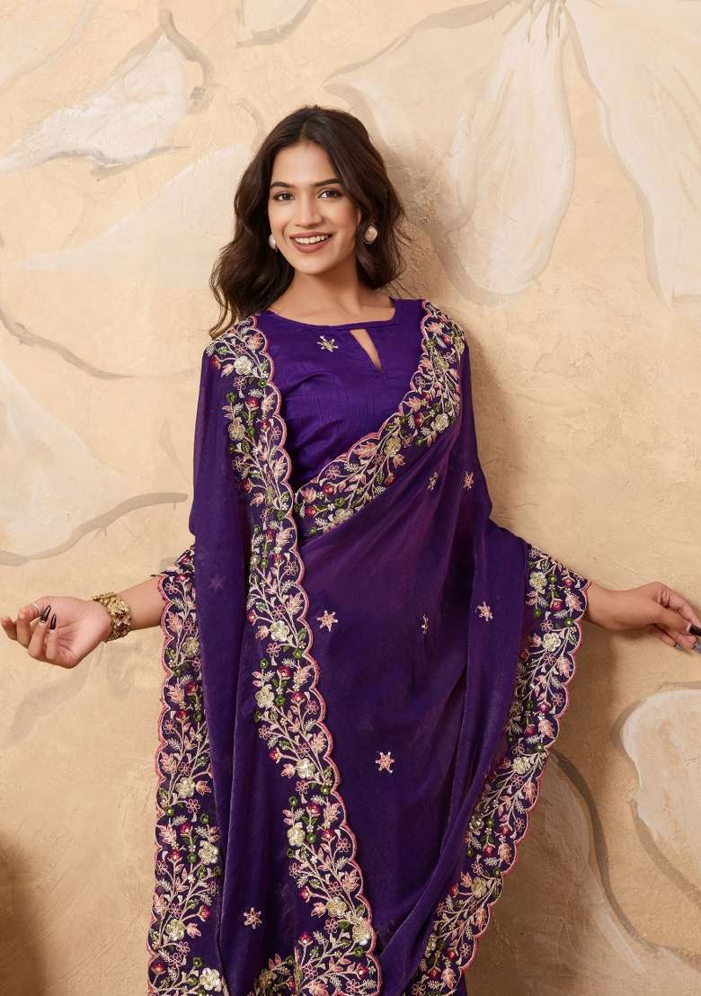 Purple Embroidery Chiffon Saree Set for Diwali and Festive Wear - Indya