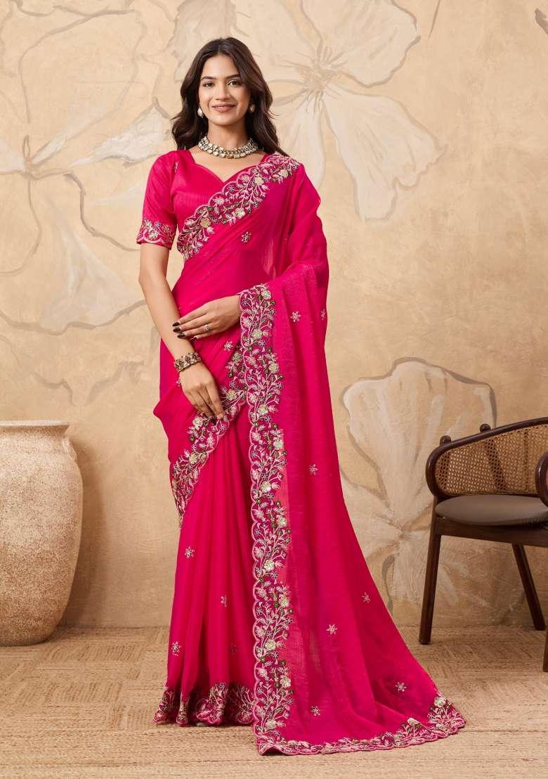 Pink Embroidery Chiffon Saree Set for Diwali and Festive Wear - Indya