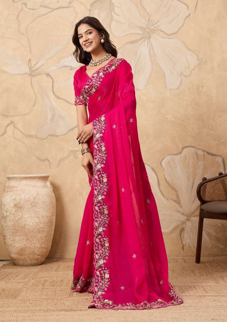 Pink Embroidery Chiffon Saree Set for Diwali and Festive Wear - Indya
