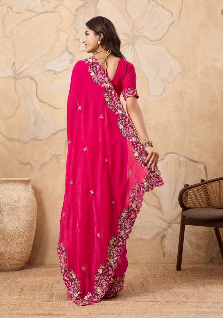 Pink Embroidery Chiffon Saree Set for Diwali and Festive Wear - Indya