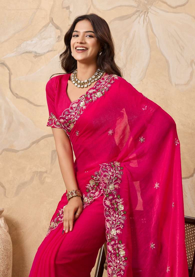 Pink Embroidery Chiffon Saree Set for Diwali and Festive Wear - Indya