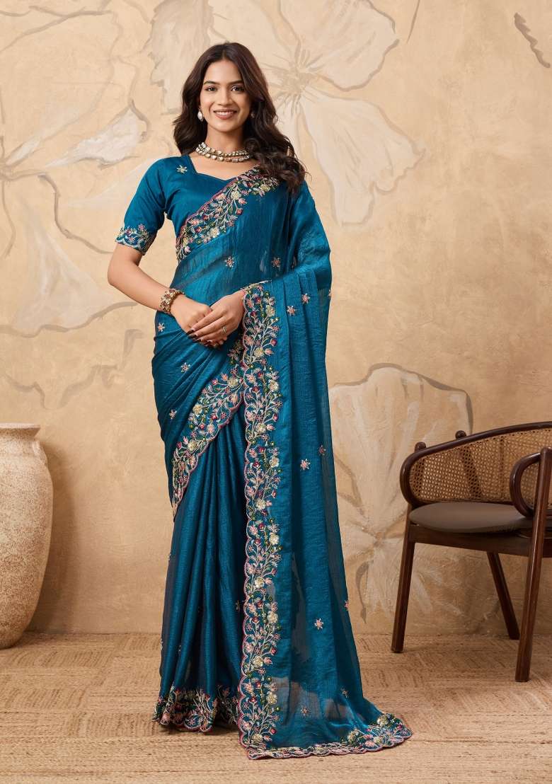 Teal Blue Chiffon Saree Set with Embroidery for Diwali | Wedding & Festive Wear - Indya