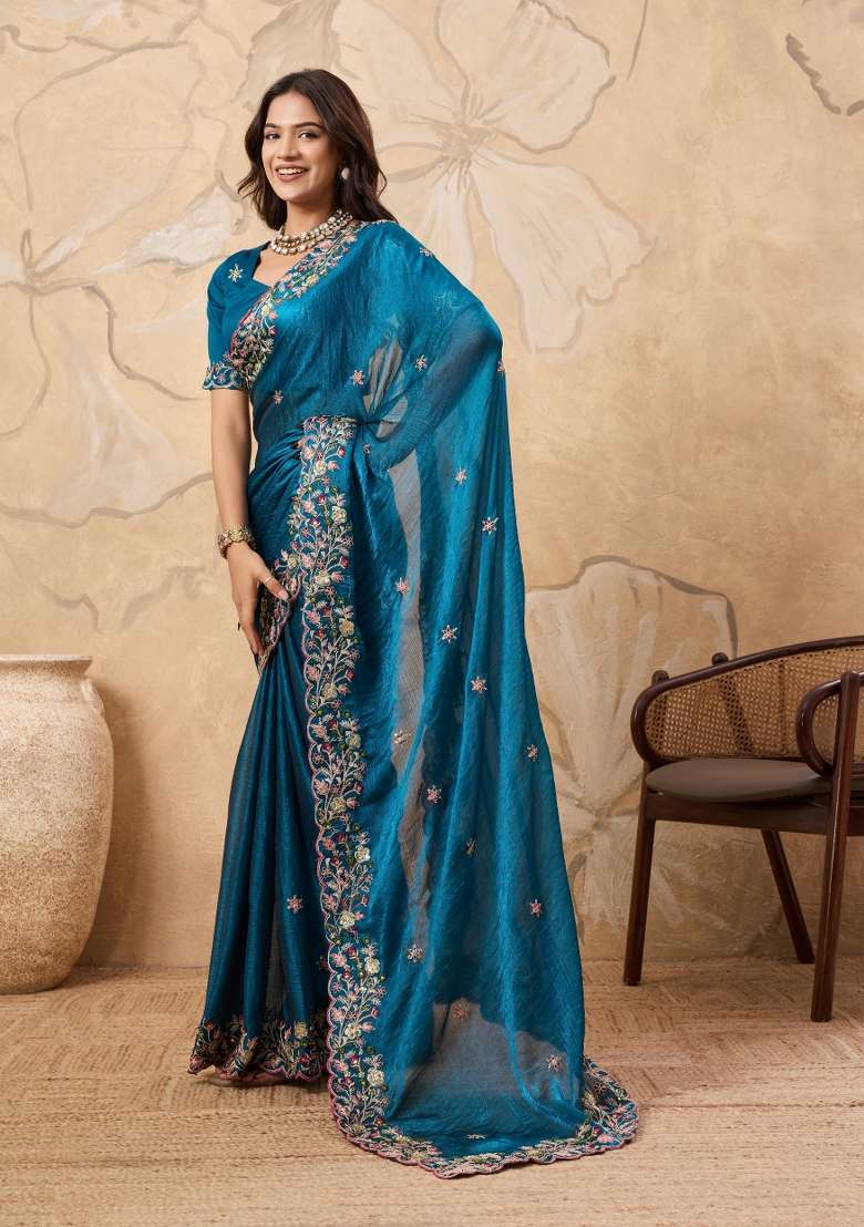Teal Blue Chiffon Saree Set with Embroidery for Diwali | Wedding & Festive Wear - Indya