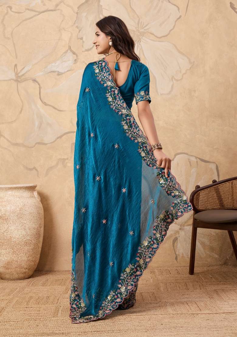 Teal Blue Chiffon Saree Set with Embroidery for Diwali | Wedding & Festive Wear - Indya