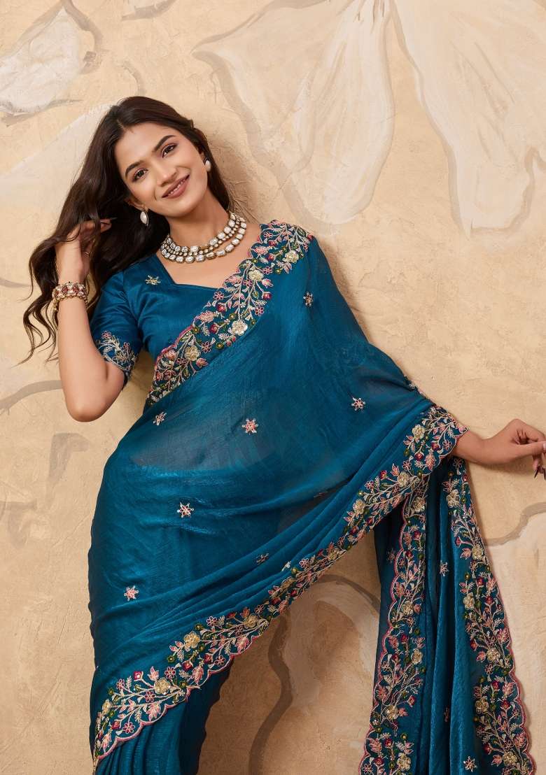 Teal Blue Chiffon Saree Set with Embroidery for Diwali | Wedding & Festive Wear - Indya